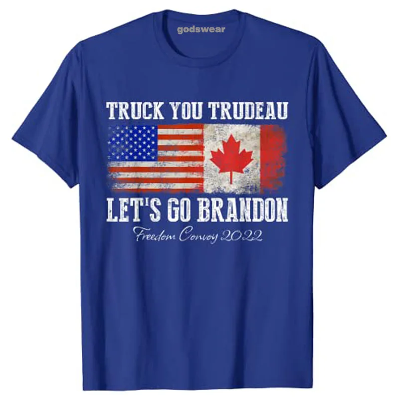 Truck You Trudeau Let's Go Brandon Freedom Convoy Truckers T-Shirt USA Canada Flag Print Men Clothing Short Sleeve Blouses