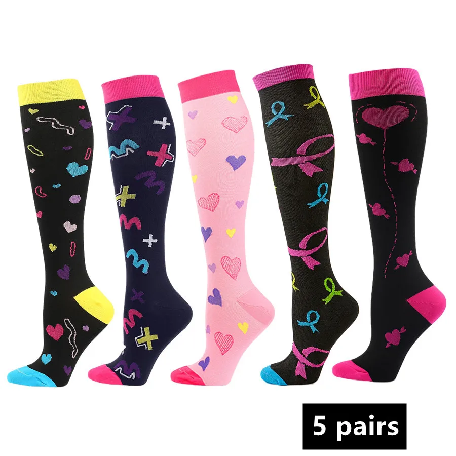 5pairs Anti Fatigue Gradient Eye Print Compression Socks Men Women Athletic Socks For Cycling Running All Sports