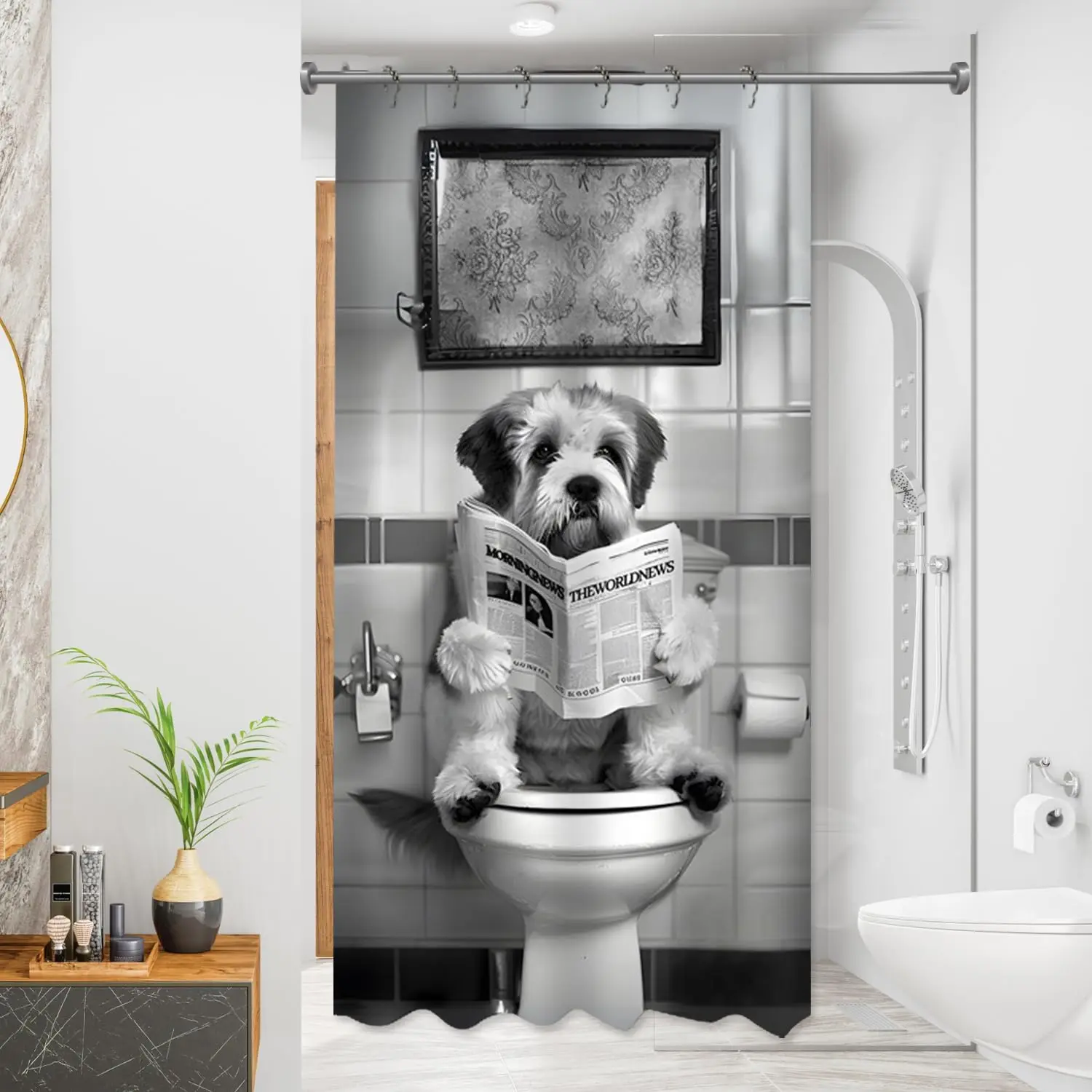 

Забавные занавески для душа для собак, занавеска для душа Cool Dog Read Book, водонепроницаемая занавеска для душа Fun 36 x 72 дюйма для домашних щенков с металлическим H