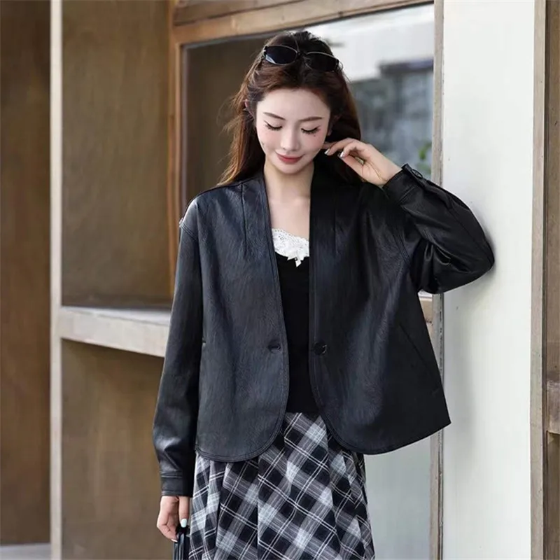 Autumn Women Short Faux Pu Leather Jacket Korean V-Neck Single Button Long Sleeve Imitation Leather Biker Jacket Coat Streetwear