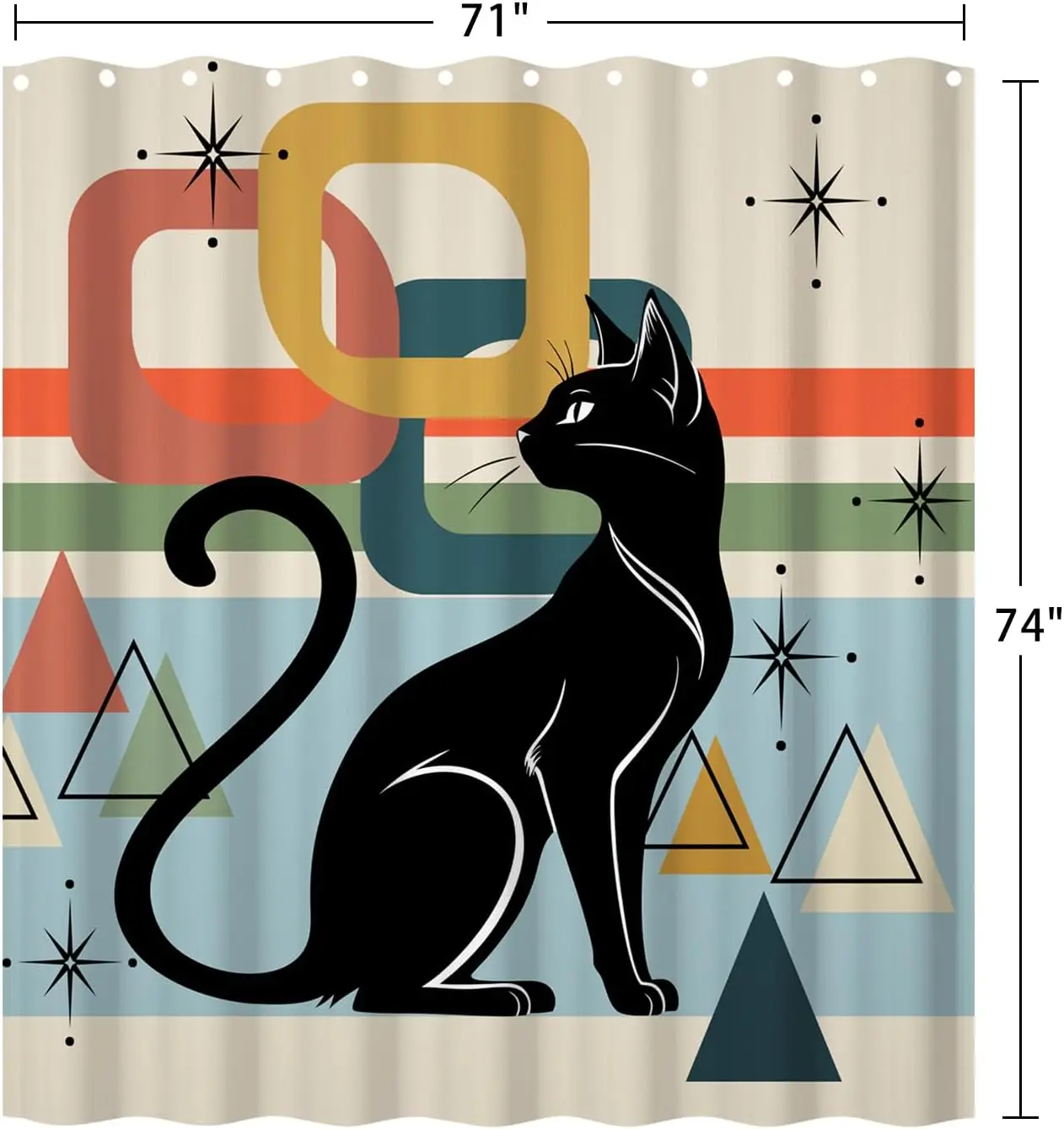 Mid‑Century Cat Shower Curtain, Retro Black Cat Geometric Shape Print Waterproof Bath Curtain With Hooks Vintage Bathroom Decor
