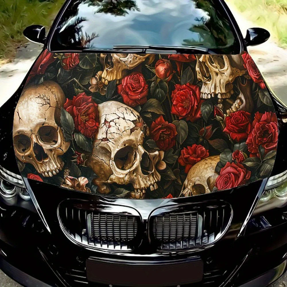 

Blooming Red Roses Shattered Skulls PVC Car Vinyl Wraps, Self-Adhesive Waterproof Car Hood Decal Sticker, Car Decoration Protect