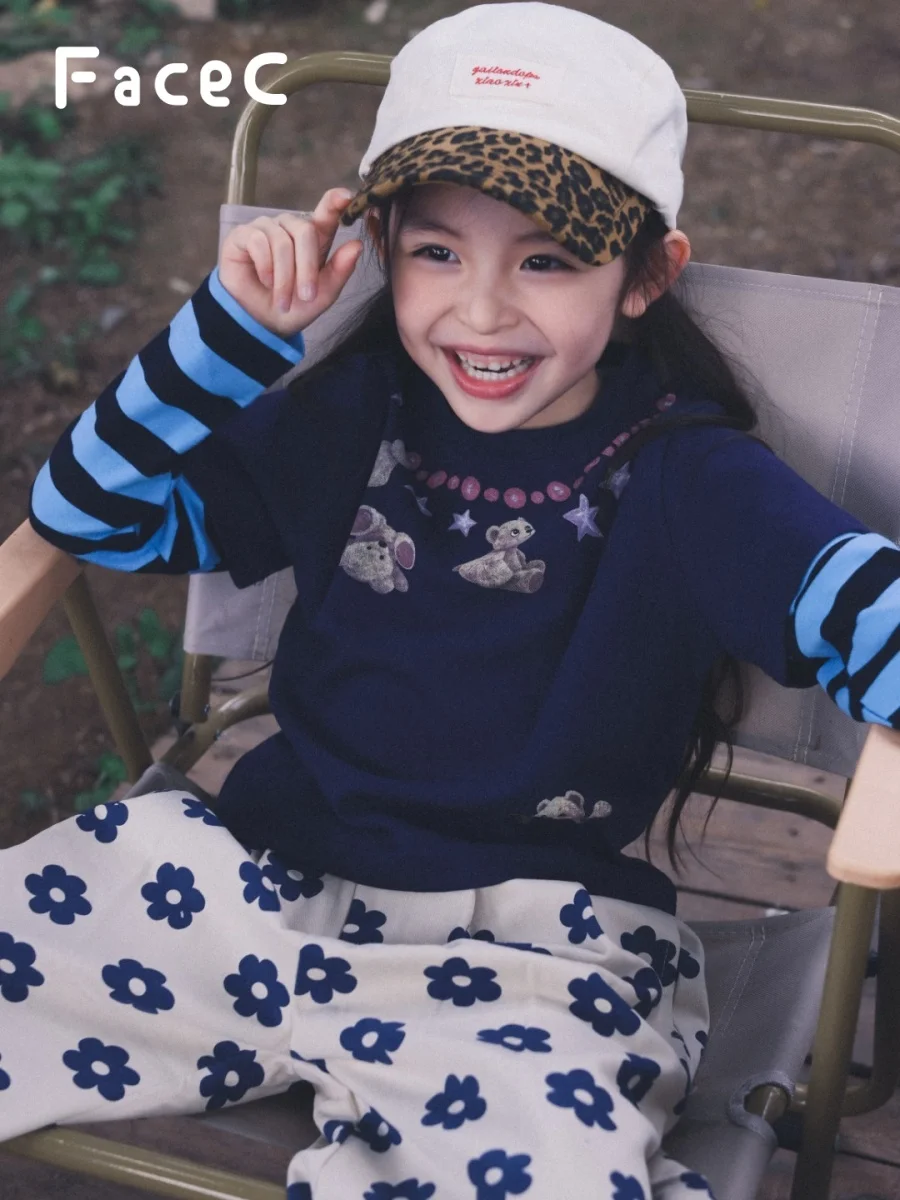 Outdoor Camping Style Striped Sleeve T-Shirt Girls Kids Fashion Fake Two-Piece Cotton Polyester Long Sleeve round Neck Top