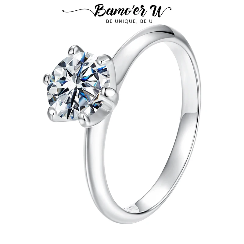 

BAMOER U Moissanite Solitaire Ring 6 Prongs Engagement Band Ring18K Plated Gold 925 Sterling Silver Jewelry Gift VVS1 D Color