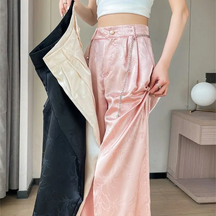 

Chinese Style Spring Summer Women High Waisted Wide Leg Dobby Floral Beige Black Imitation Silk Pants , Woman Jacquard Trousers