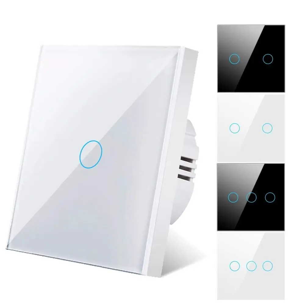 EU Standard Touch Sensor Switch Glass Panel LED Backlight Smart Switch 1/2/3 Gang No Neutral Wire Wall Light Switch Home Wall
