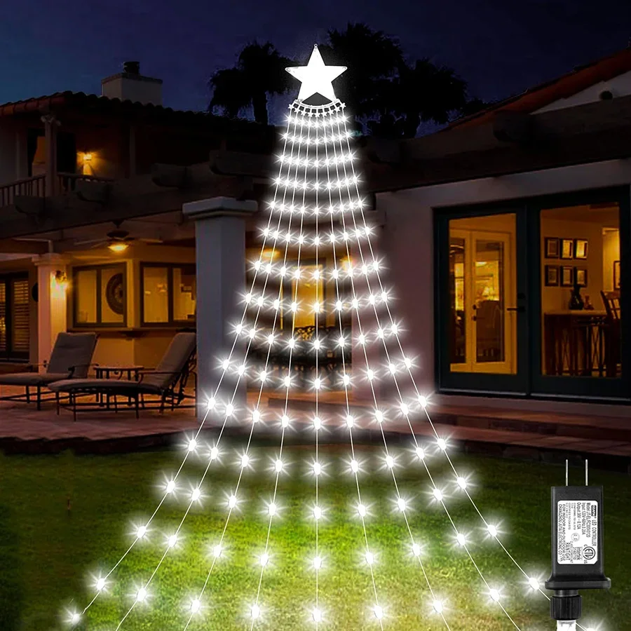 

9X3M Christmas Tree Garland Icicle Lights Outdoor 288 LED Waterfall Star String Light Christmas Tree Topper Star Fairy Light