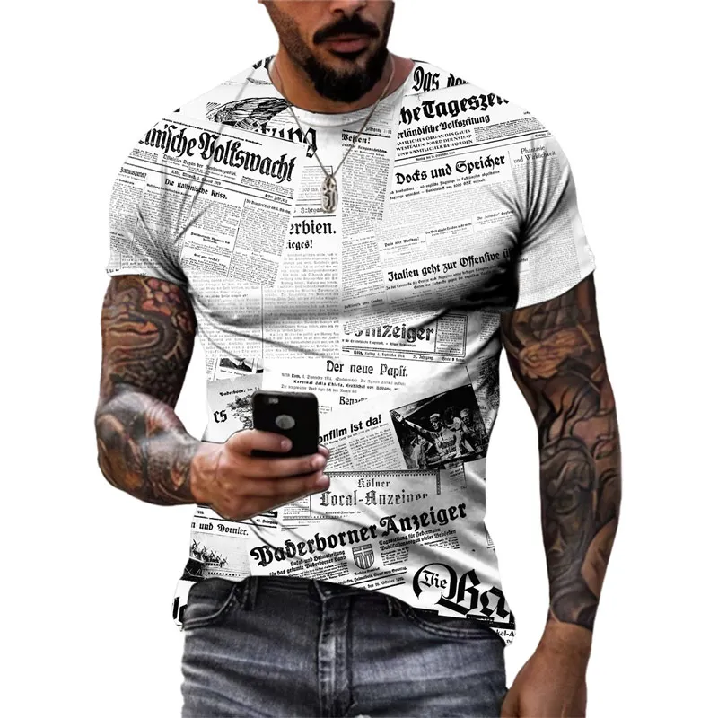 New Creative Design Retro Old Newspapers graphic t shirts Summer Fashion Men Vintage harajuku streetwear 3D Printing O-neck Tees