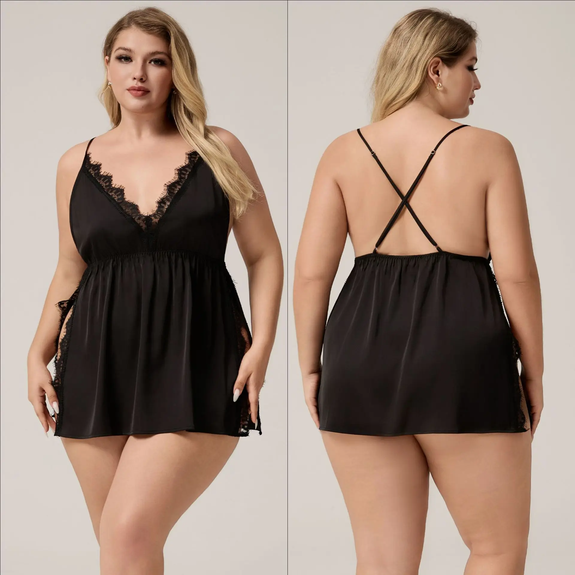 

Female High Split Nightgown Black Sleepwear Sexy Suspender Nightdress Intimate Lingerie Casual Loose Satin Homewear