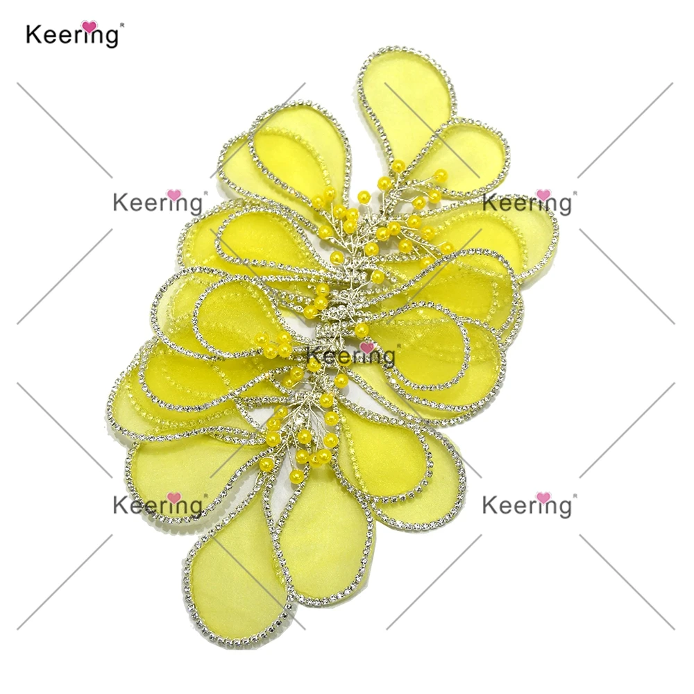 (2 PCS) 3D Wire Flower Rhinestone Headband Petal Appliques for Wedding Decoration
