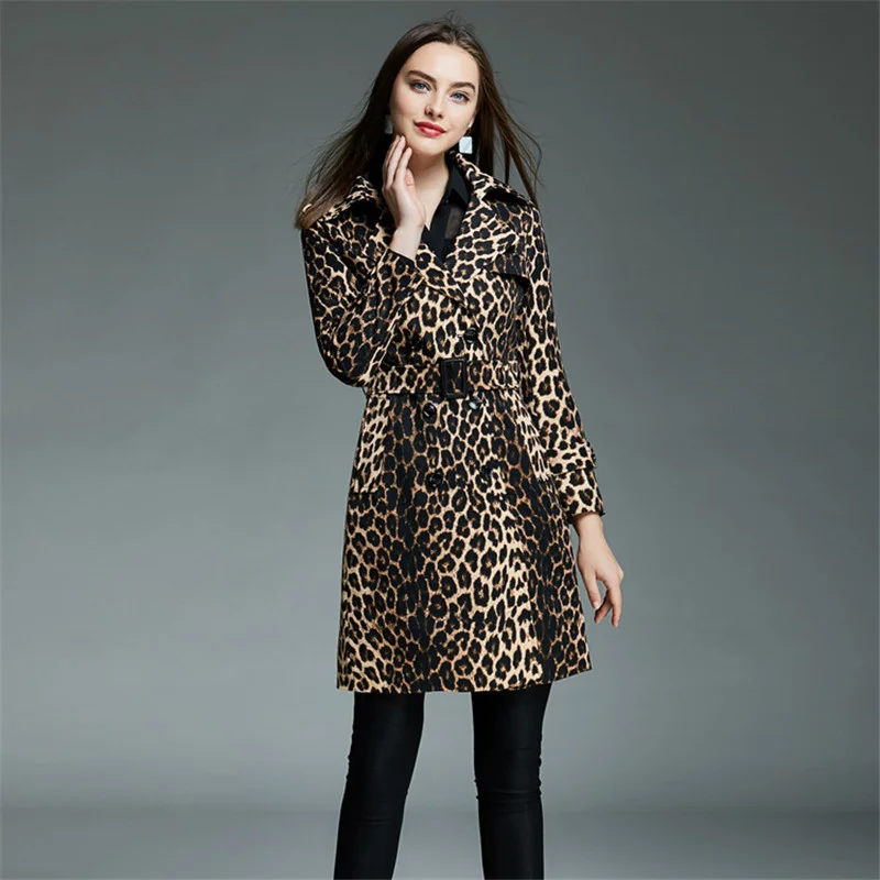 Spring Autumn Long Leopard Trench Coat Women Long Sleeve Double Breasted Windbreaker Korean Fashion Slim Belt Overcoat Female