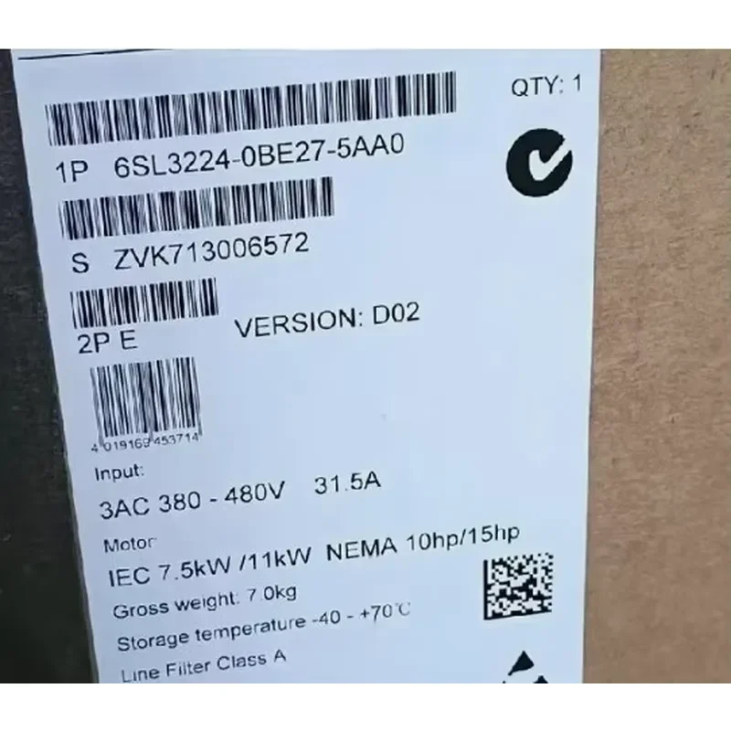 

Brand New 6SL3224-0BE27-5AA0 6SL3 224-0BE27-5AA0 6SL3224-OBE27-5AA0 6SL32240BE275AA0 Fast Delivey