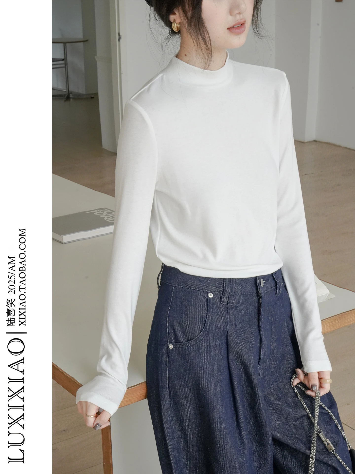 

LUXIXIAO Women's White Long Sve round Ne Pure Cotton Base irt Versatile Autumn Winter Color College Sle Top