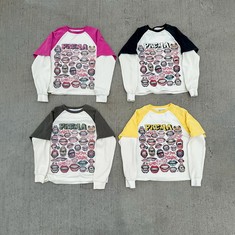 

Trend Fashion Lip Print Graffiti Color Block Raglan Sleeve Sweatshirts Y2K Casual Men Women Vintage Long Sleeved Streetwear Tops