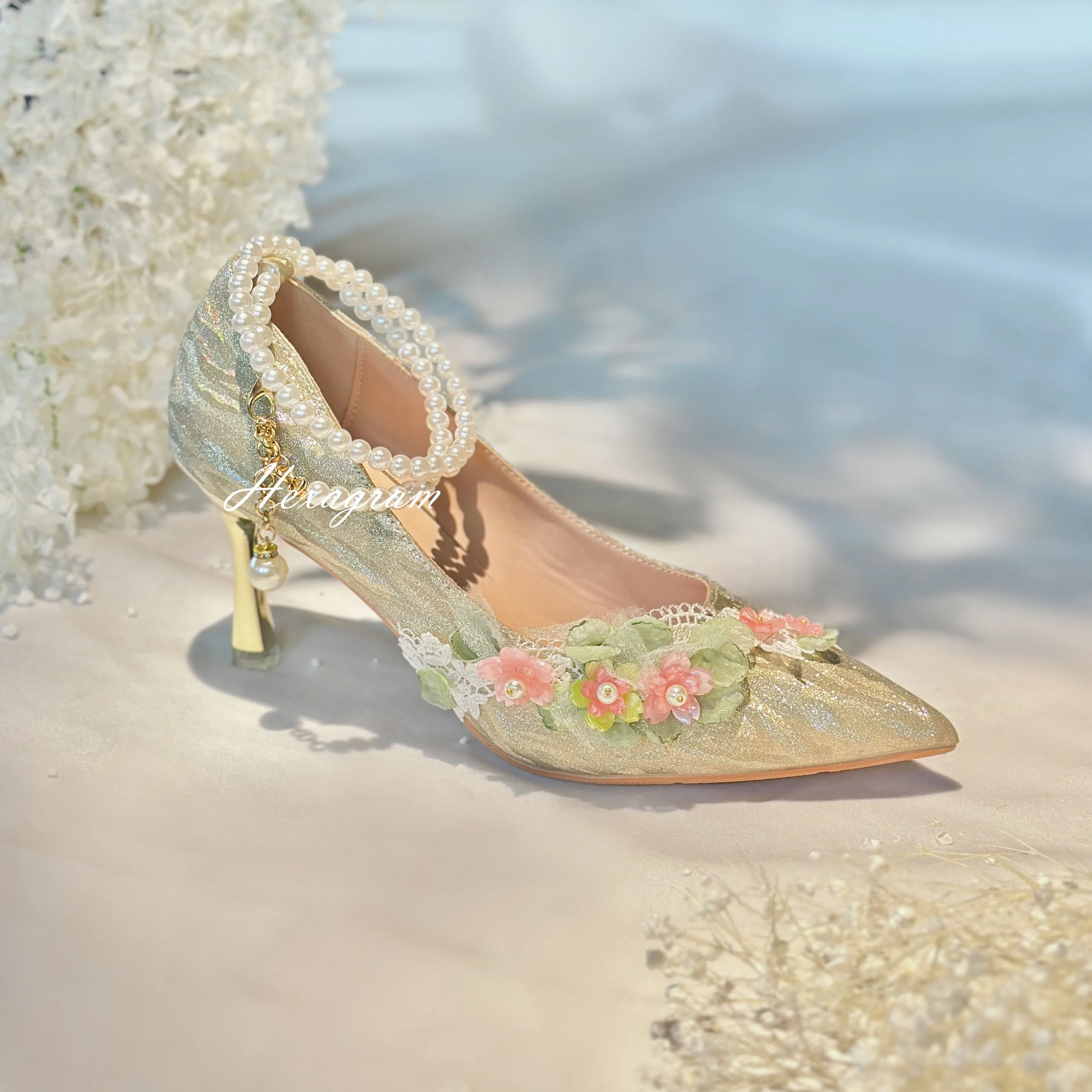 Lolita Handmade Pointed Fine Sparkling Pearl Lace High Heels Wedding Lo Shoes Japanese Sweet Lolita Girl Tea Party Single Shoes
