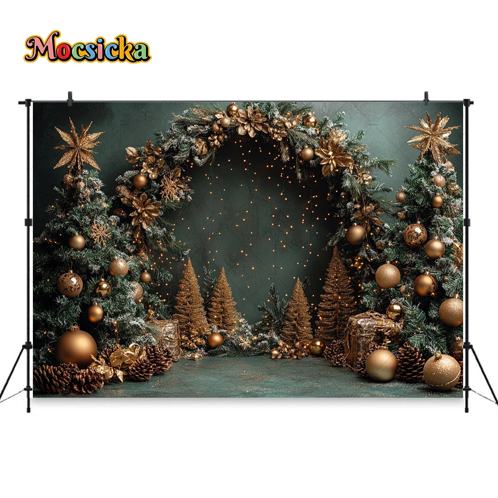 Christmas Tree Forest Background Photography Gold Xmas Balls Arch Wreath Door Green Backdrop Kid Santa Claus Winter Photo Studio