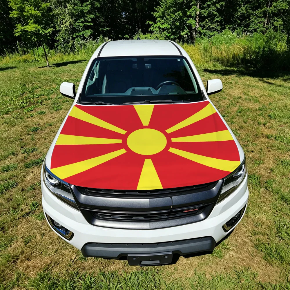 130x160cm North Macedonia Flag Car Hood Cover, Elastic Windproof Patriotic Bonnet Banner
