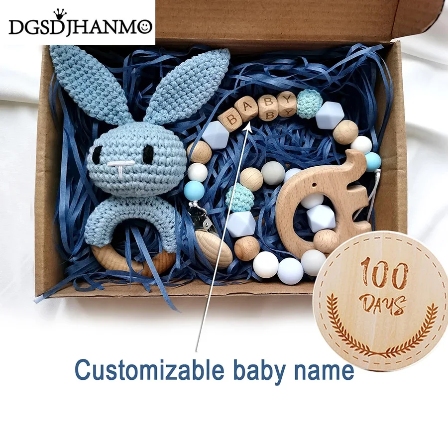 1Set Baby Toy Gift Teether Crochet Bunny Rattle Beech Wooden Teether  Pacifier Clip Chain Set Newborn Mobile Gym Educational Toy