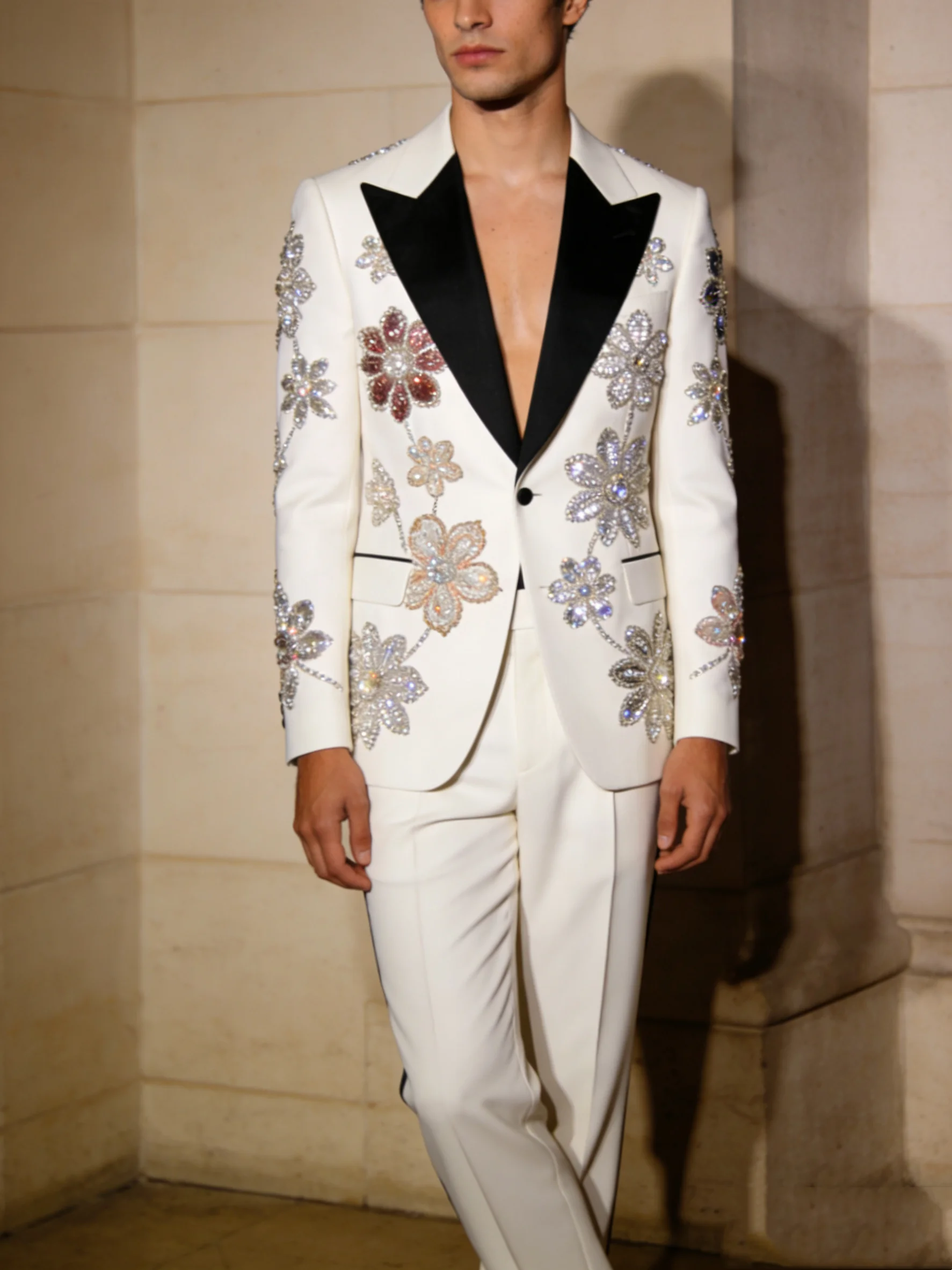 

Crystals White Men Suits Set 2 Pcs Blazer+Pants Trousers Luxury Glitter Wedding Tuxedo Formal Office Business Groom Jacket Coat