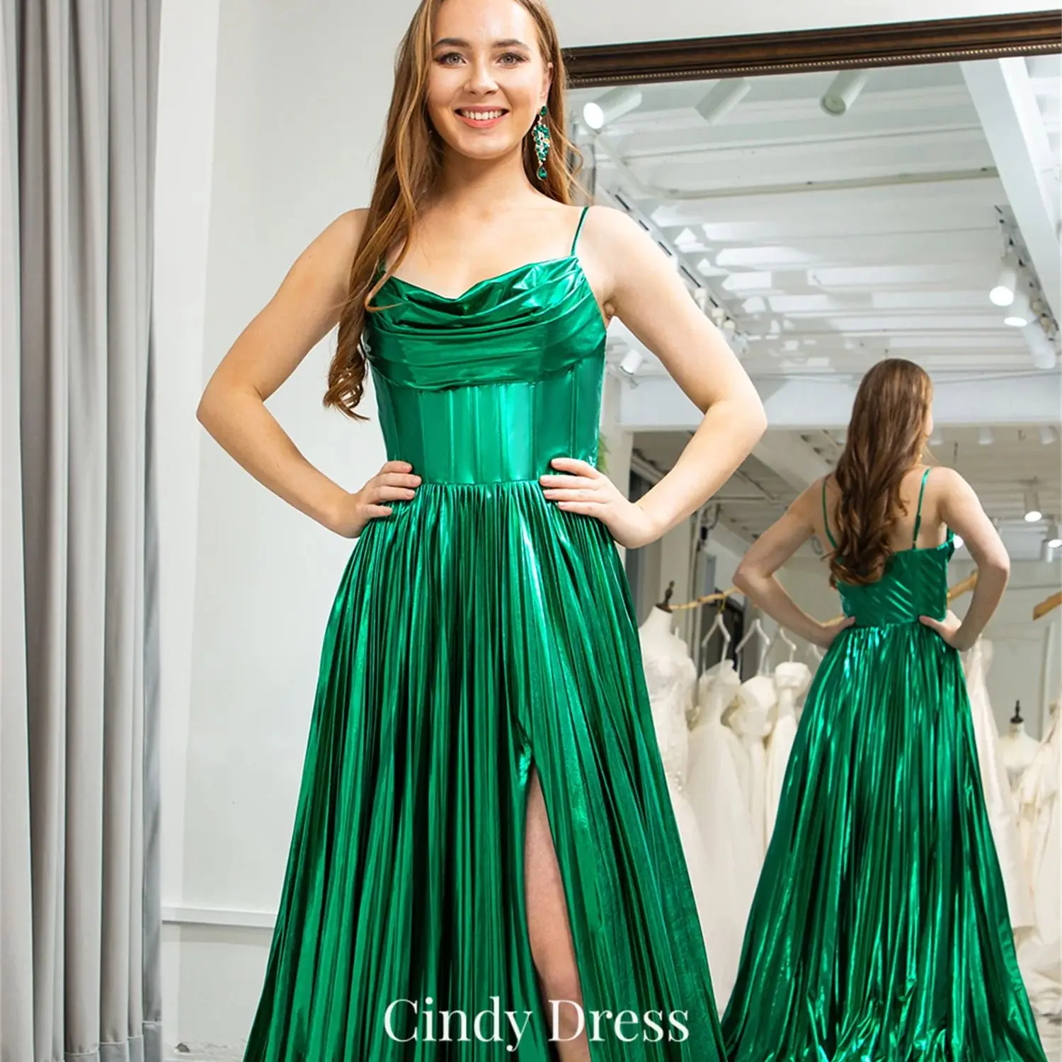 Cindy Shimmer Satin Green Crinkled A-Line Formal Dress Wedding Guest Dresses for Women Evening Luxury Party Galas Occasion Gala