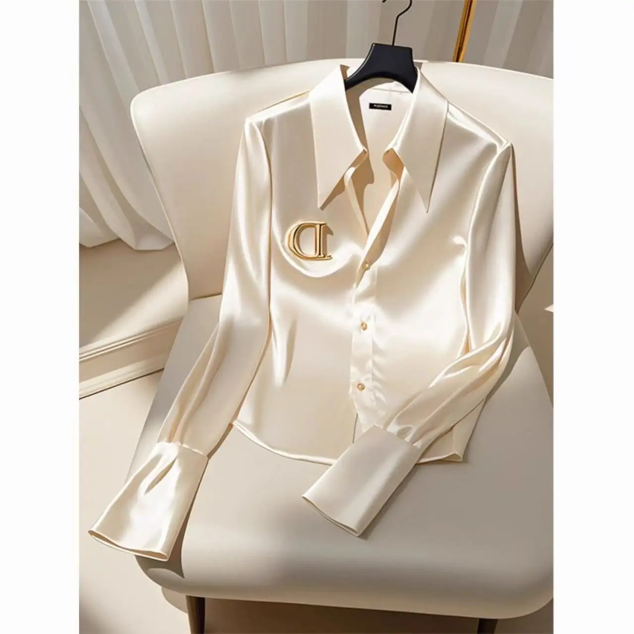 New Satin blouses single-breasted long OL Office Ladies Elegant blouses French Solid blouses Korean Chic Tops