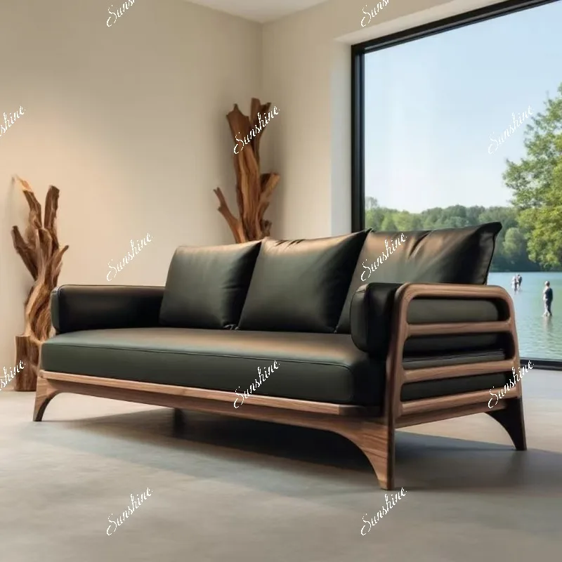 

Modern simple small apartment living room straight row leather three-person sofa