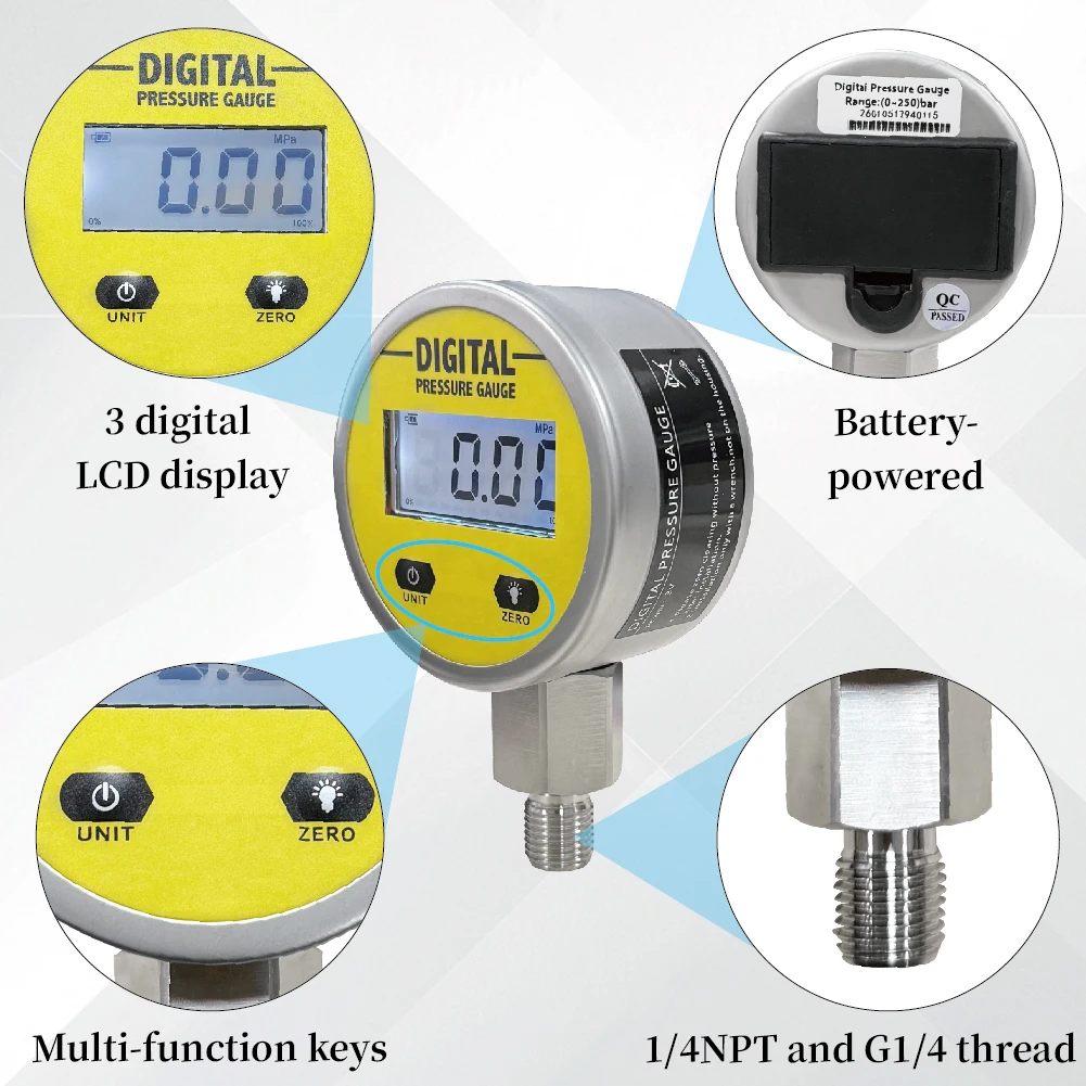 304SS 250Bar Hydraulic Pressure Gauge 65mm ± 1% FS Hydraulic Manometer, G1/4' & 1/4' NPT Thread, Four Units Can Be Freely Switch