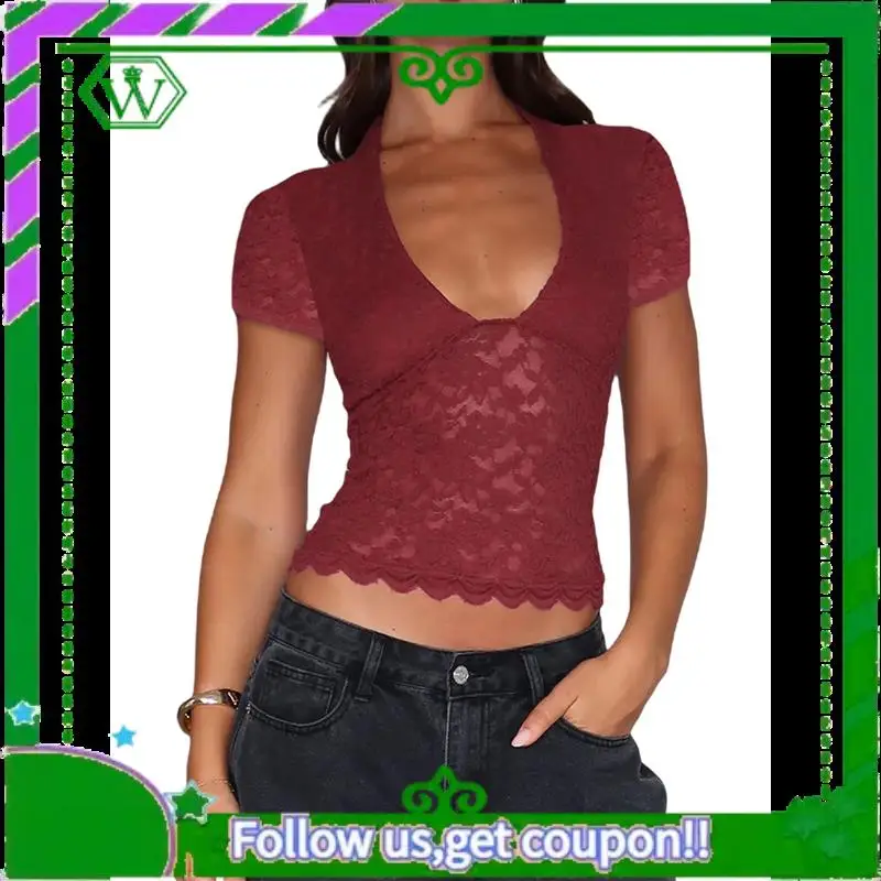 A18P-Women's Lace Short Sleeve Shirt Low Cut Y2K Slim Fit Top Going Out Club Concert Clothes