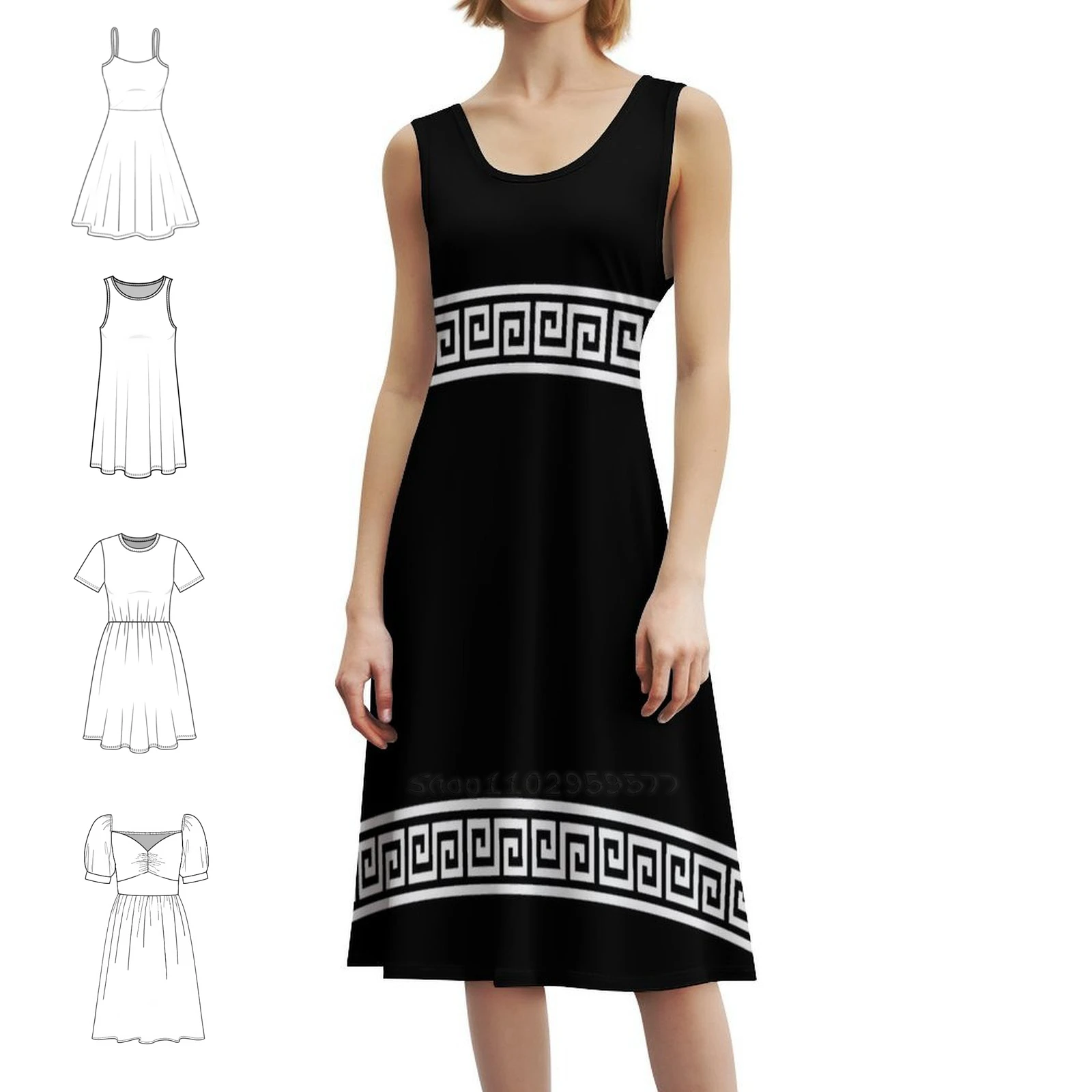 فستان بوهيمي عتيق بنمط هندسي يوناني بأكمام منتفخة أو خيارات بدون أكمام للنساء فستان نمط هندسي فريز يوناني #1