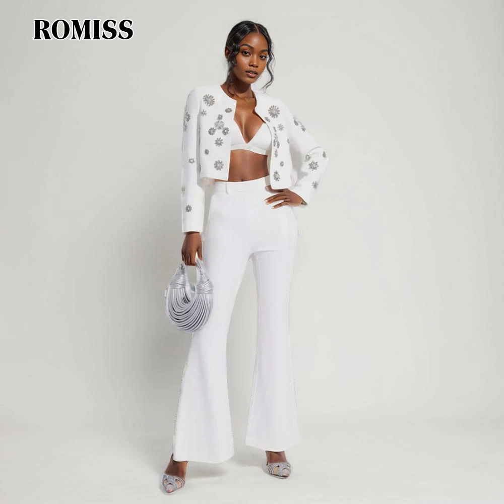 ROMISS Temperament Two Piece Sets For Women Round Neck Long Sleeve Spliced Diamonds Top High Waist Split Pants Set Solid Female