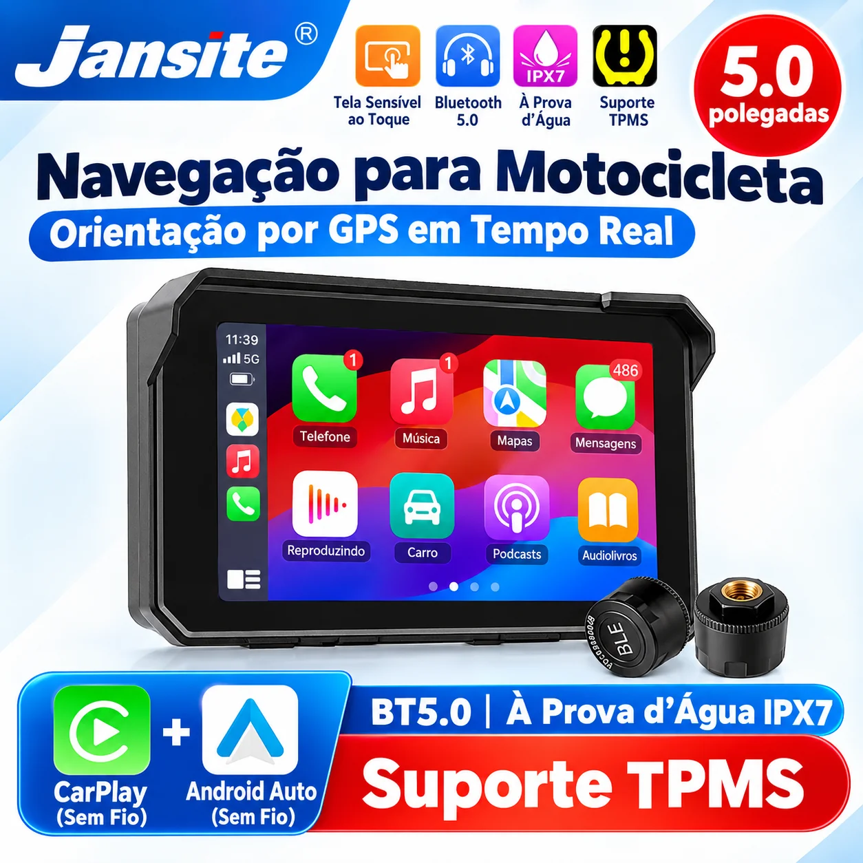 5-Zoll-Motorrad-Navigationsgerät mit TPMS-Motorrad-Monitor, kabellosem CarPlay, Android Auto, Dual-Bluetooth, IPX7-Wasserdichtigkeit und Display