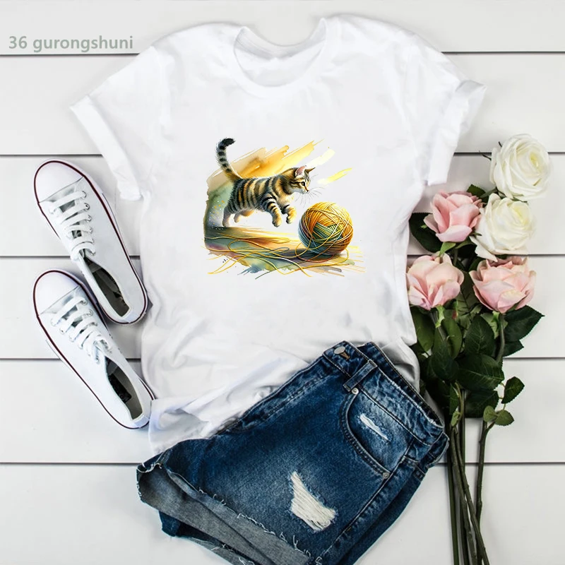 Watercolor Cat Playing With String Printed Tshirt Women'S Clothing Funny T Shirt Femme Harajuku Kawaii T-Shirt Female Tops