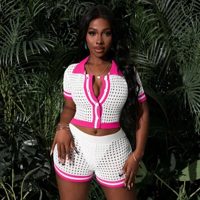 

Doyerl Hollow Out Knitted Short Sets Woman 2 Piece Outfits Summer Holiday Beach Wear Button-up Knit Top and Shorts Matching Set
