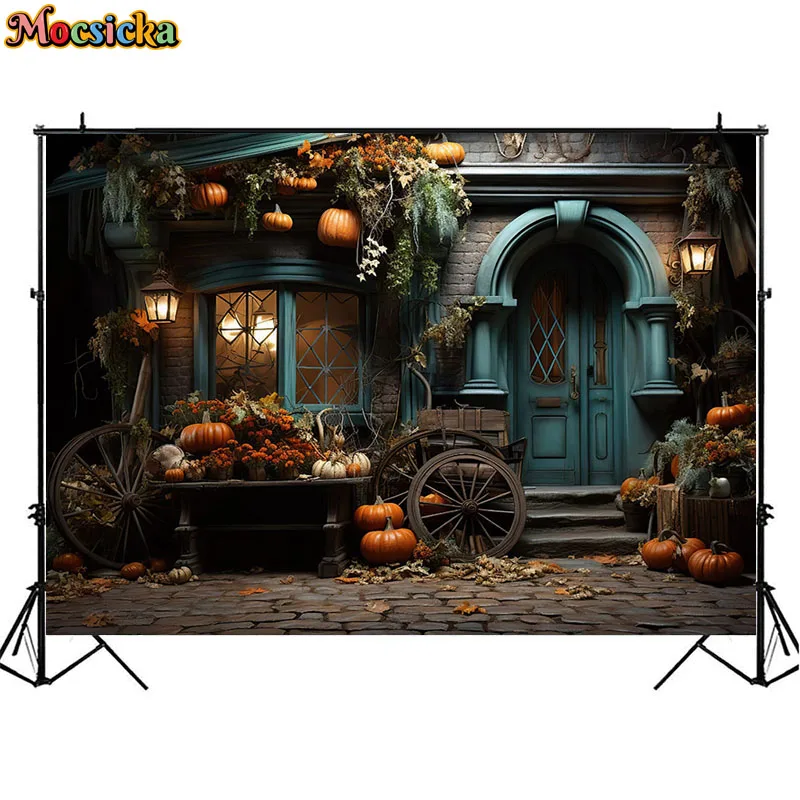 Autumn Pumpkin Porch Photography Backdrop Kids Birthday Family Portrait Photocall Fall Harvest Background Stone Road Decor Props