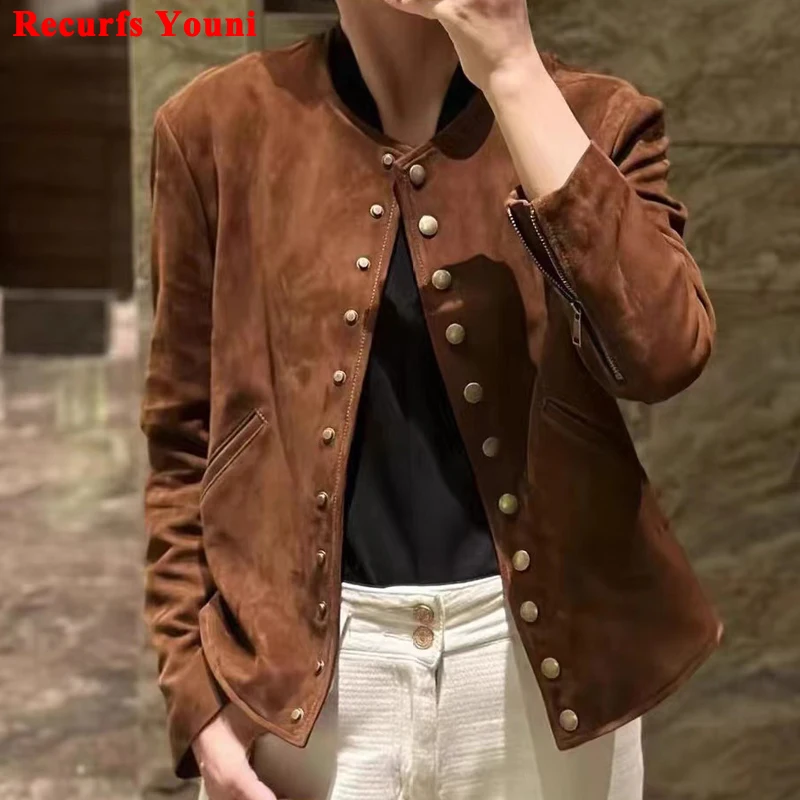 Veste en daim marron pour femme, short en cuir véritable, manteau féminin, tenue décontractée, haute qualité, tendance, boutique, enfant, 2023