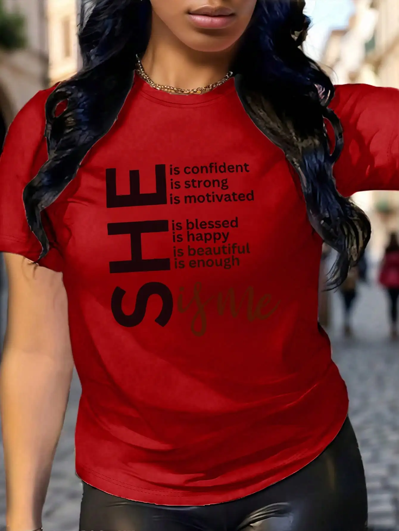 

Women's Red T-Shirt with Empowering 'She Is Me' Graphic Print, Confident & Motivated Slogan Tee