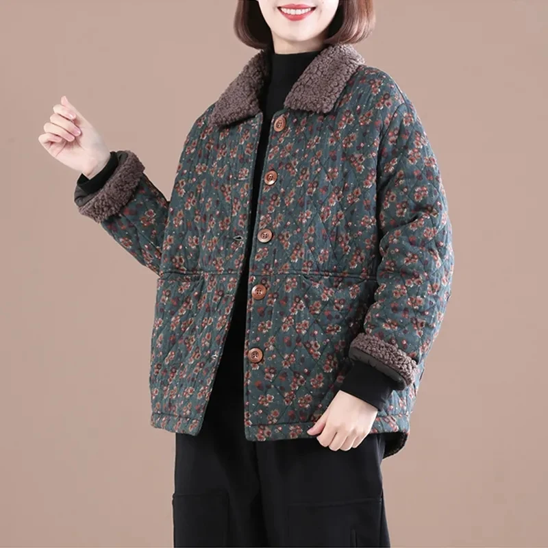 Retro Floral Cotton Coat Middle-Aged Elderly Women\'s Winter Jacket New 2023 Loose Lapel Short Cotton Clothes Quilted Overcoat