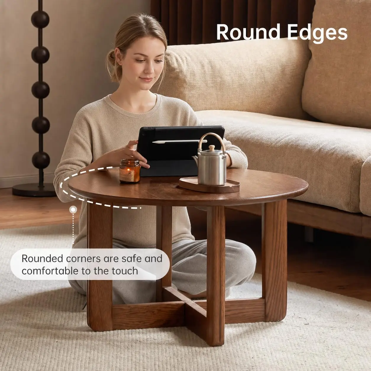 100% Solid Oak Wood Round Coffee Table 2-Tier Small Center Table, Customized