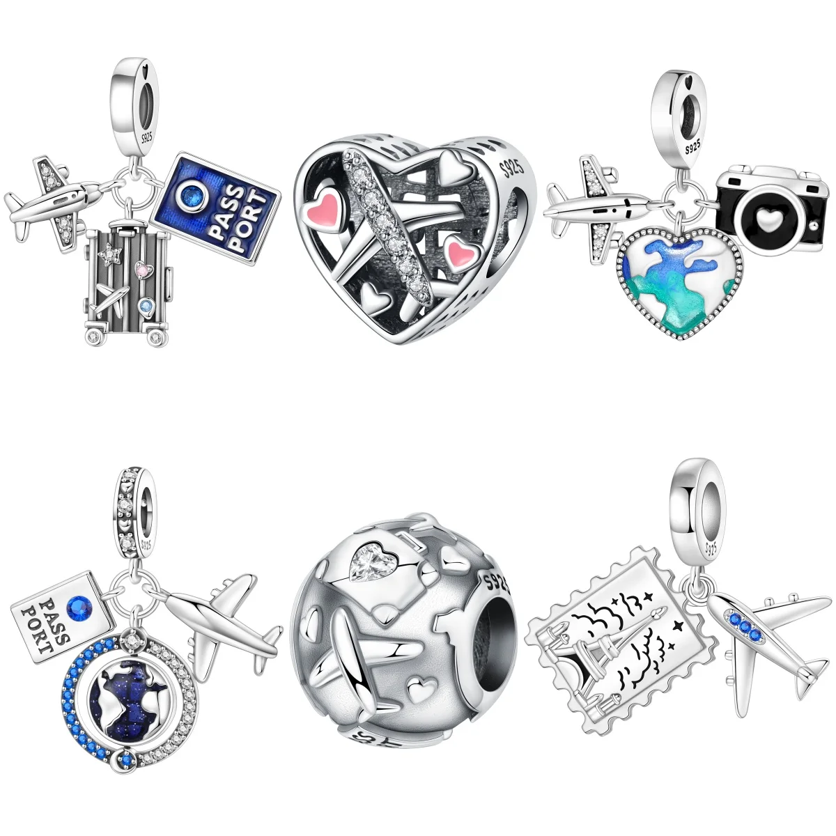Orstarry S925 Pendentif en argent sterling Breloque Avion Passeport Valise Globe pour Bracelet Fabrication de bijoux DIY Cadeau Femme