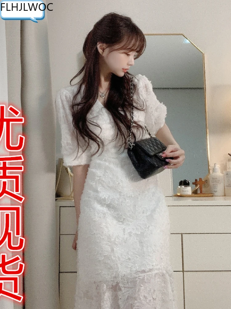 

Chic Korean Clothes Design Womens Summer Date Girls Cute Short Sleeve V Neck Elegant Lady Lace-Up Retro Vintage Ruffles Dress