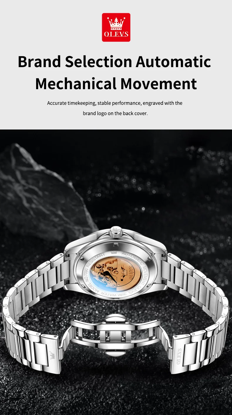 OLEVS 7090 Luxus Herrenuhr Neue Originalmarke Automatische Mechanische Uhren für Herren Stahlarmband Einfache Business Herren-Armbanduhr – Detail 9