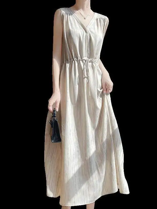 엘리 실버 스프링클링 새틴 V넥 여성용 드레스 패셔너블 트렌디 2025 하이엔드 센세이션 여름 신상 롱 스커트