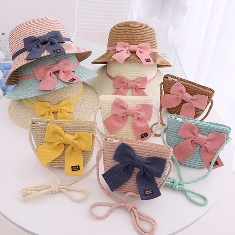 

2PC Set Girls Straw Hat Shoulder Bag Outdoor Beach Cap Cute Bow Tie Summer Travel Party Wedding Kid Straw Hat Sunshade Hat & Bag