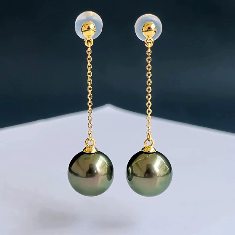 18K Yellow Gold Black Pearl Earrings For Women,Wedding Natural Sea Pearl Long Earrings Gift,AU750