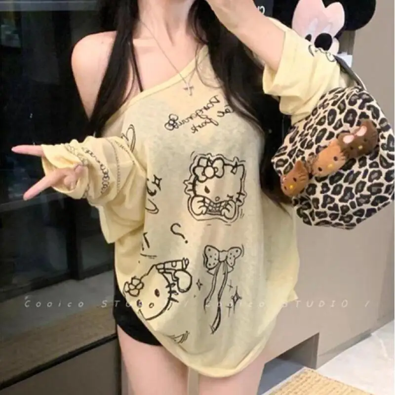 أنيمي مرحبا كيتي امرأة ملابس الشباب النساء الشمس حماية الكرتون طويلة الأكمام تي شيرت لطيف نمط بلايز الخريف الملابس النسائية