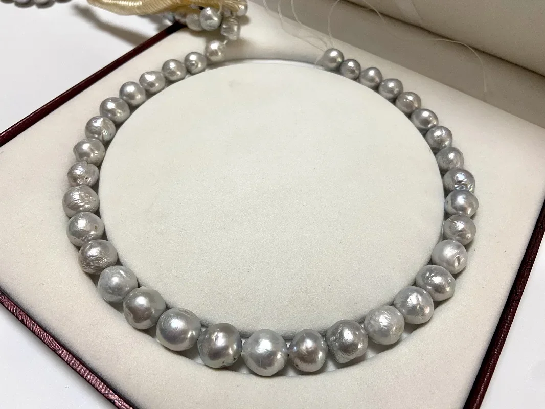 Trendy 11-13mm Bright Light Gray Pearl Necklace for Women Natural Sea Pearl Less Flaw Jewelry Party Gifts 925 Sterling Silver