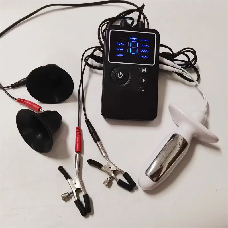 1 Set Silicone Breast Sucker Pumps Metal Nipples Clips 8 Modes Electric Shock Anal Butt Plug Sex Toys for Women Men Adult Games