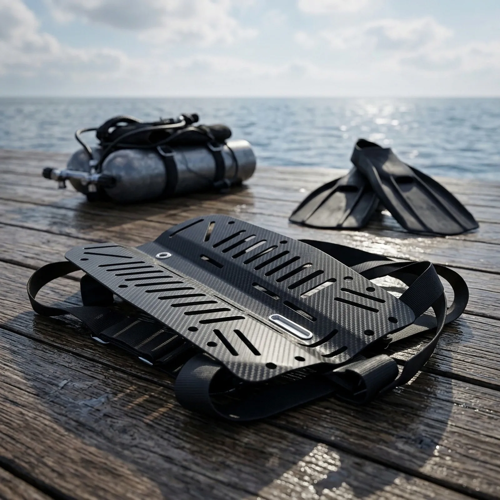 Carbon Fiber Backplate for Scuba Diving with Compatibility for Single Tank Setups and Direct Thread Harness Systems
