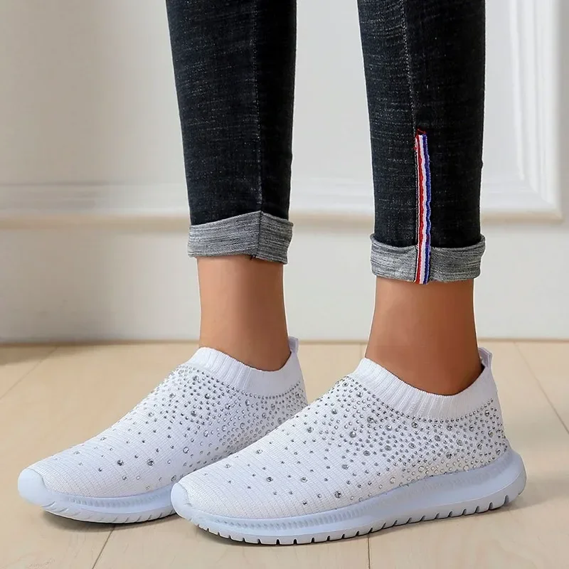 Rimocy Crystal Breathable Mesh Sneaker Shoes for Women Comfortable Soft Bottom Flats Plus Size 43 Non Slip Casual Shoes Woman