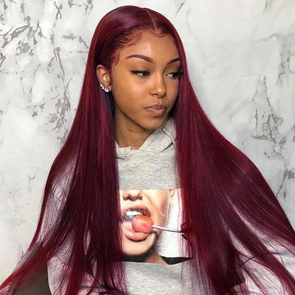 HD 13x4 Burgundy 99J Colored Red Lace Front Wig 100% Human Hair Pre Plucked Brazilian Straight 30 Inch Lace Frontal Wig Glueless